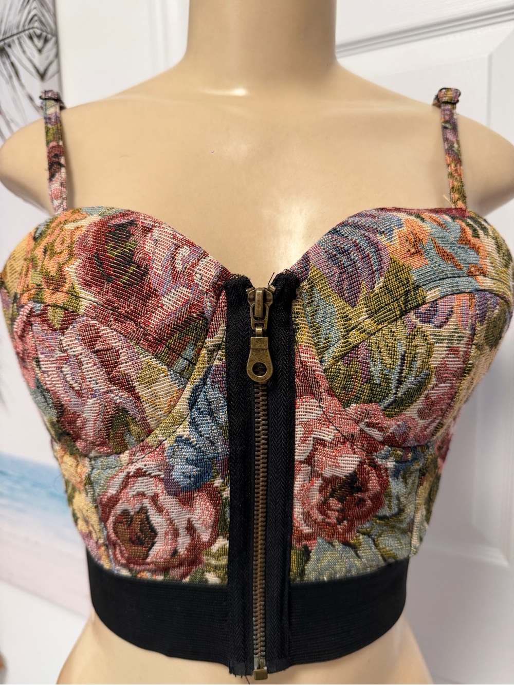 Floral Tapestry Bustier Crop Top with Front Zip - Picture 2 of 3